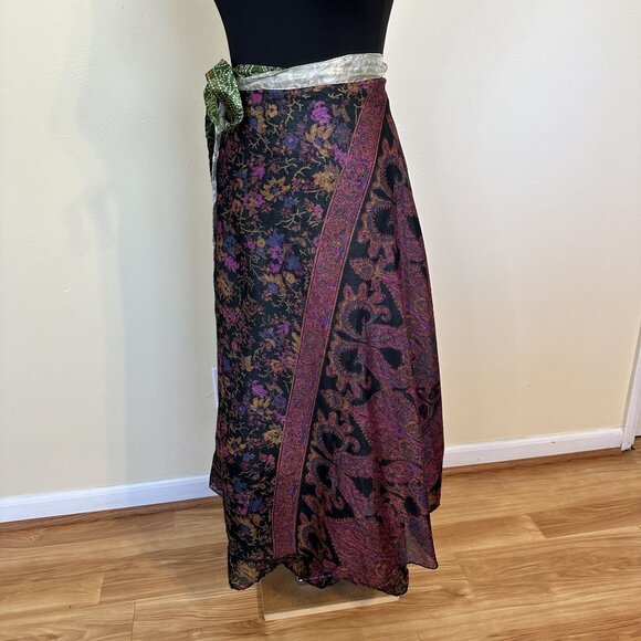 Vtg Reversible Womens Wrap Skirt Bohemian Paisley Floral Design Green Purple - Picture 6 of 7